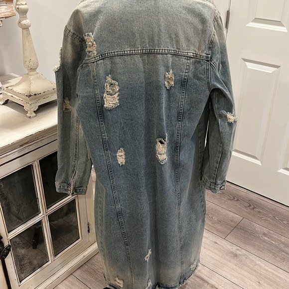 NWT Oversized Distressed Denim Maxi Trench - Picture 9 of 9